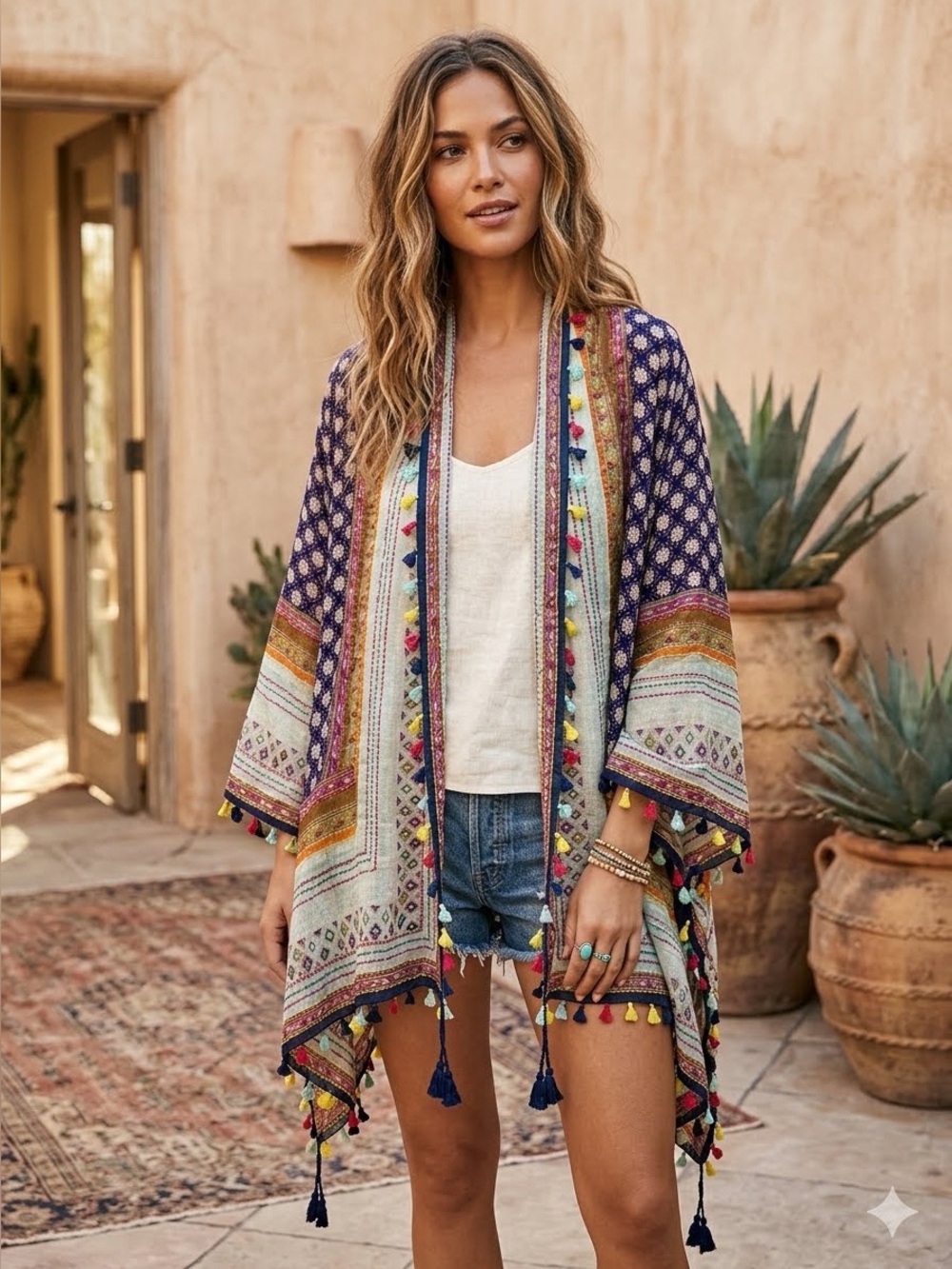 Lovestitch Boho Geometric Tassel Scarf Wrap 100% Cotton Multicolor Fringe